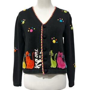 Jack B Quick Cat Cardigan Sweater Black Embroidered Vintage V-Neck Women’s Sz M